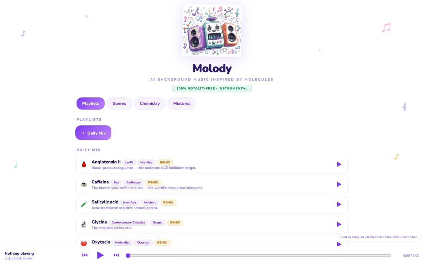 The Molody web app: a molecule-themed player with playlists, genres, chemistry and mixtures